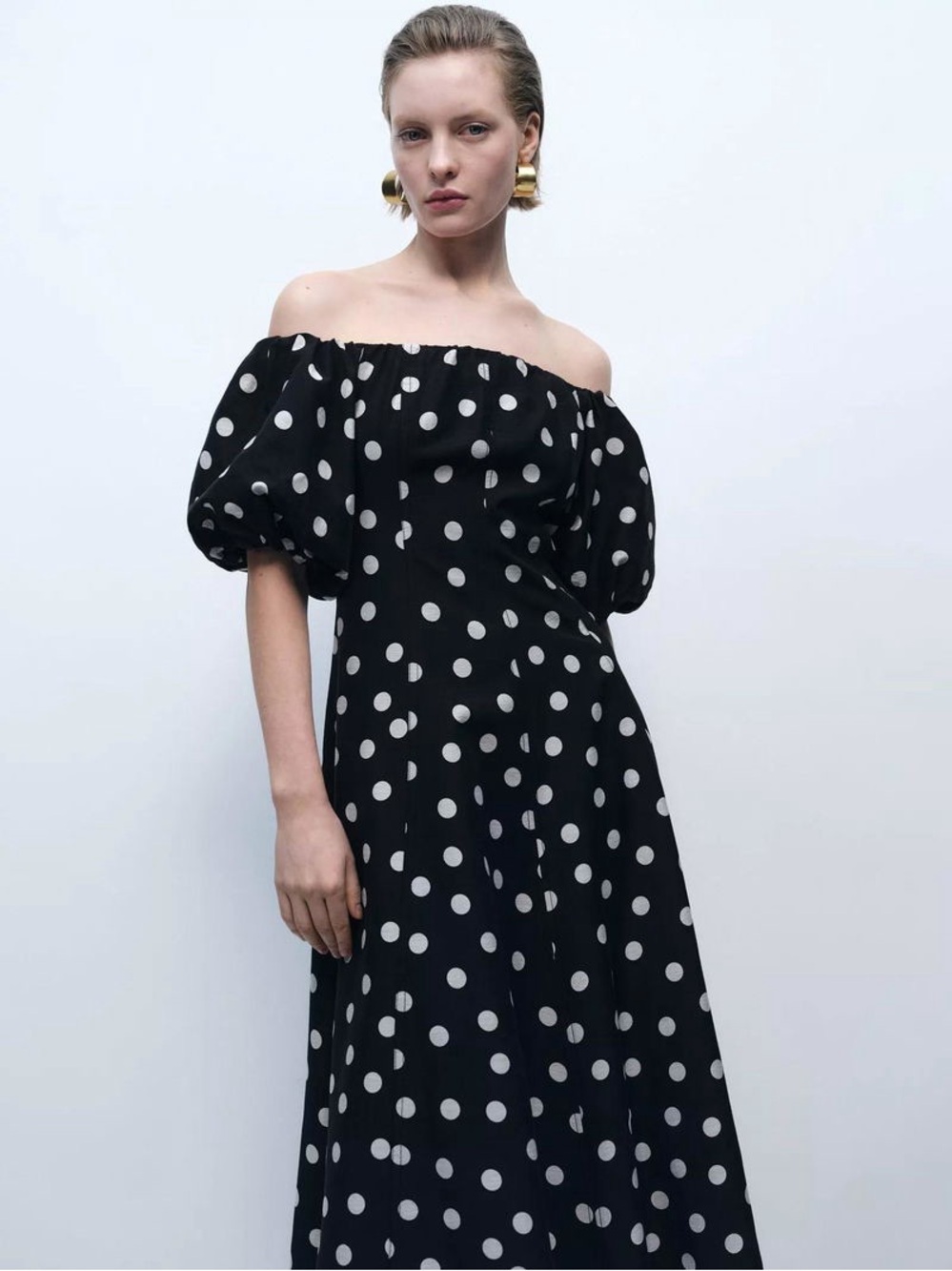 Mango Sz 6 NWOT Mallorca Polka Dots Off Shoulder Black Puff Sleeve Midi Dress